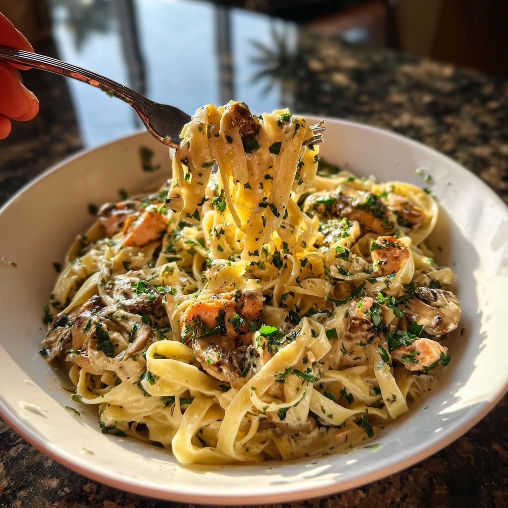 Creamy Mushroom Salmon Tagliatelle